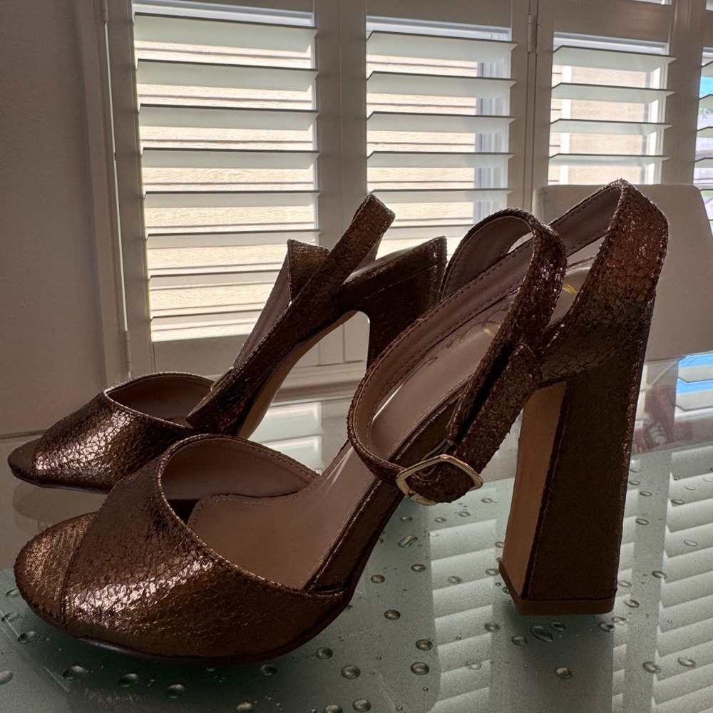 Lulus Laren Crackled Bronze Strap Block High Heel Sandals Size 6.5 - Picture 7 of 9